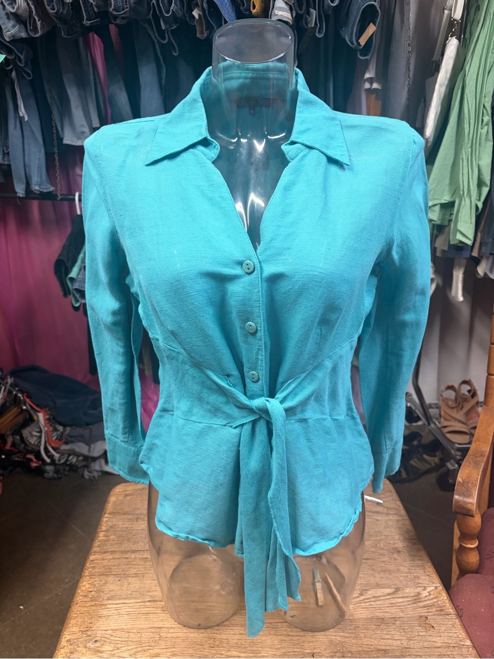 ZOZO Turquoise Tie Waist Blouse Size Medium Like New